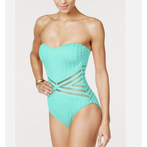 Kenneth Cole Open Crochet Sexy Slimming One Piece Swimsuit Aqua Blue XL NWOT